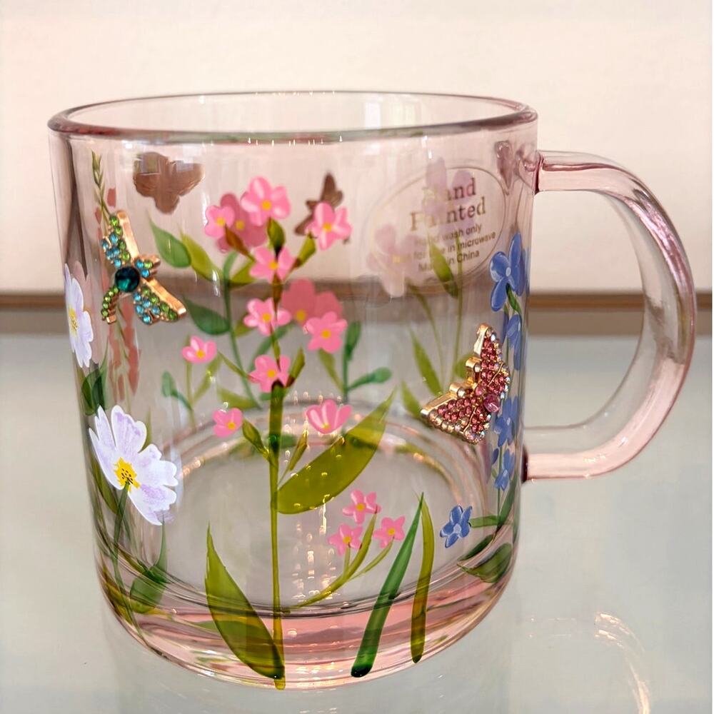2pc Hand Painted & Jeweled Glass Mugs Multicolored Floral Butterfly NEW - Picture 8 of 15